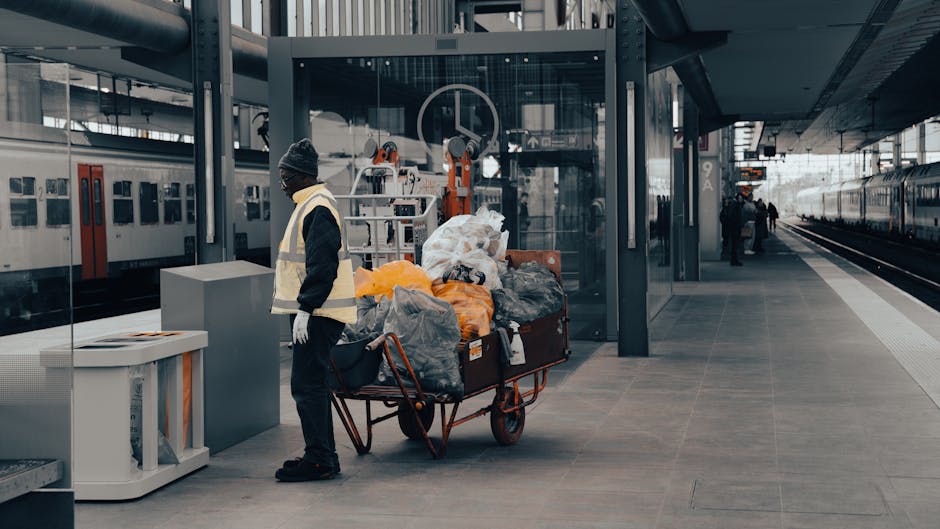 A person wearing a dark beanie, a high-visibility yellow vest, and dark clothing stands on a train station platform next to an orange hand-pulled trolley heavily loaded with various bags of rubbish, including black, grey, and orange plastic garbage bags, some appearing full and tied, along with a larger black container or bin. The trolley is positioned beside a modern glass-walled elevator shaft, with robotic waste collection equipment visible behind it. In the background, there are train tracks with a stationary train on the left side of the platform, and a small group of indistinct people further along the platform on the right. The platform surface is smooth and clean, made of large rectangular tiles, and the overall scene is illuminated by diffuse natural light, creating a neutral, professional atmosphere that reflects an environmental context of waste handling or alternative rubbish disposal at a busy urban train station. This scene subtly relates to private waste collection services like those provided by Waste Collection Brixton, highlighting the visual aspect of independent rubbish removal in public or semi-public transport hubs.